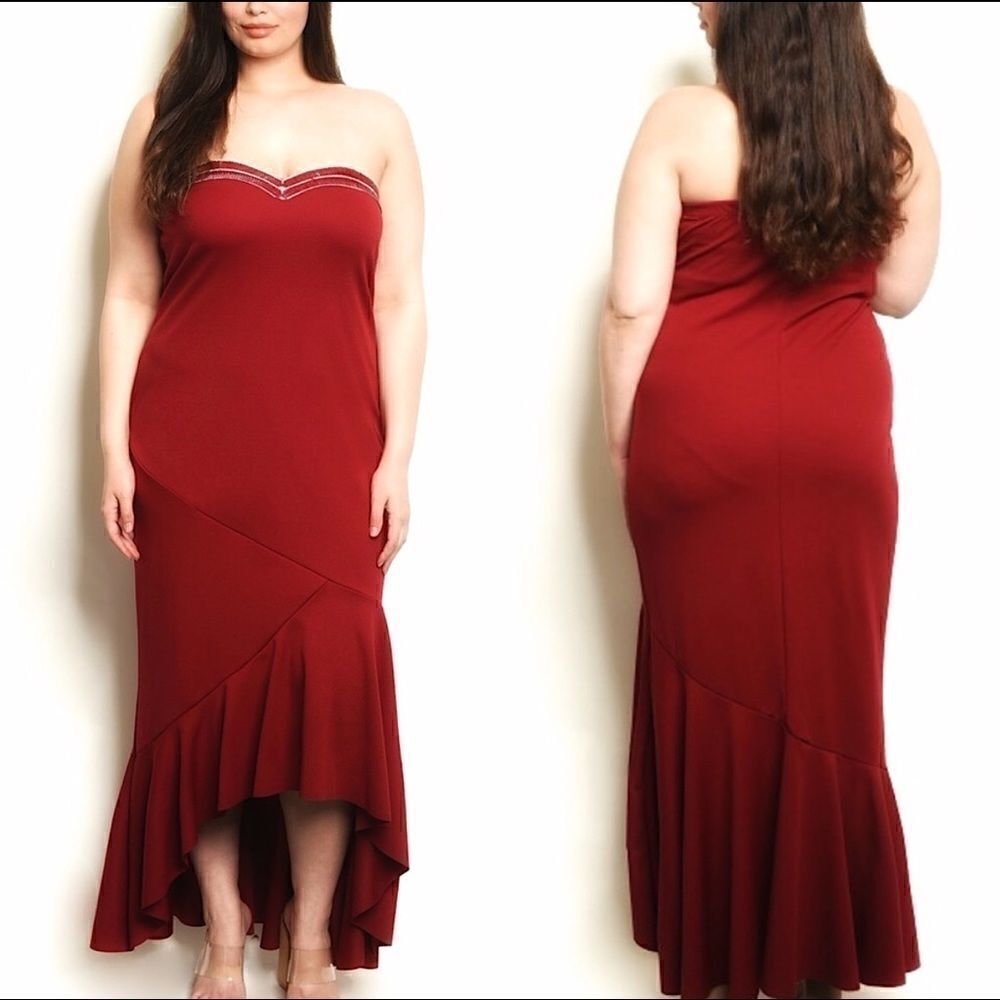 Embellished Burgundy Strapless Gown 